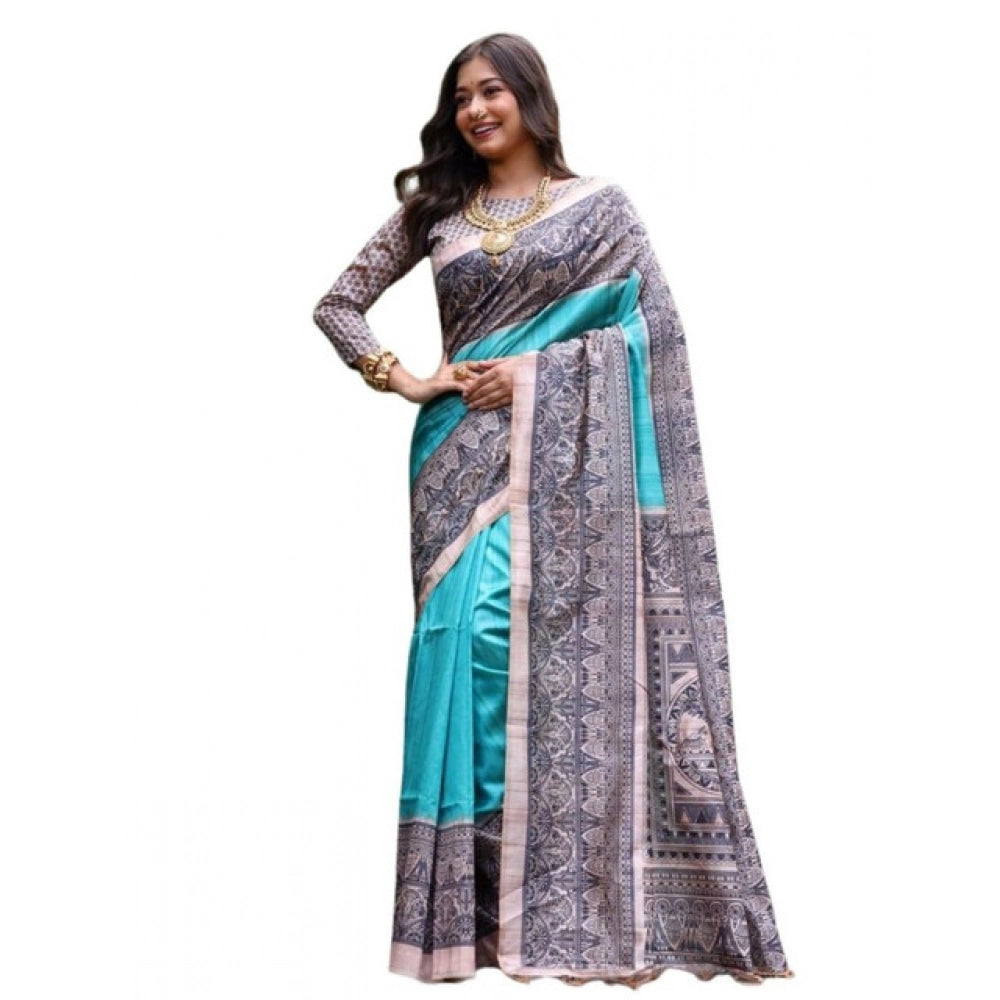 Generic Women's Faux_Tussar Ethnic_Print Saree With Unstitched Blouse 5.5Mtr (Aqua_Blue)