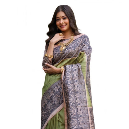 Generic Women's Faux_Tussar Ethnic_Print Saree With Unstitched Blouse 5.5Mtr (Olive)