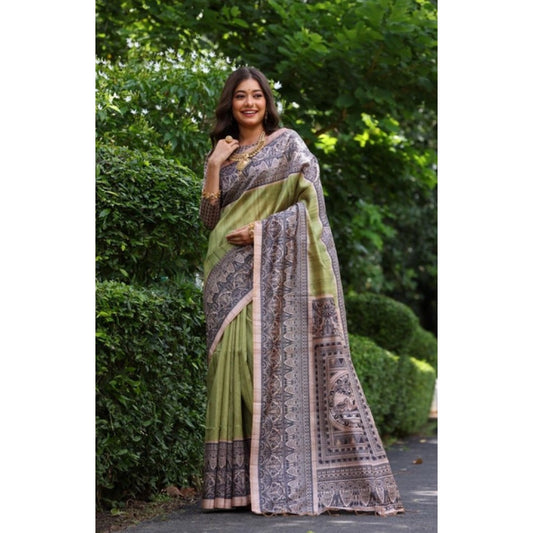 Generic Women's Faux_Tussar Ethnic_Print Saree With Unstitched Blouse 5.5Mtr (Olive)