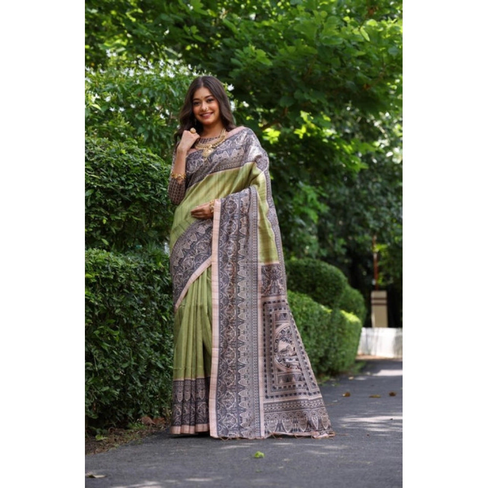 Generic Women's Faux_Tussar Ethnic_Print Saree With Unstitched Blouse 5.5Mtr (Olive)
