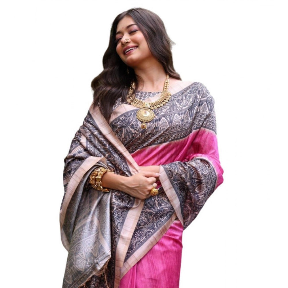 Generic Women's Faux_Tussar Ethnic_Print Saree With Unstitched Blouse 5.5Mtr (Pink)