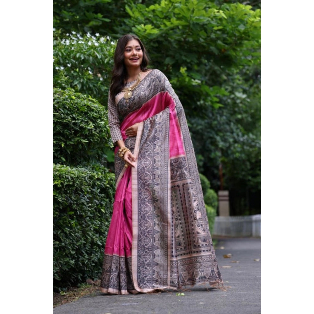 Generic Women's Faux_Tussar Ethnic_Print Saree With Unstitched Blouse 5.5Mtr (Pink)