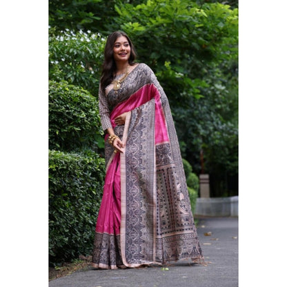 Generic Women's Faux_Tussar Ethnic_Print Saree With Unstitched Blouse 5.5Mtr (Pink)