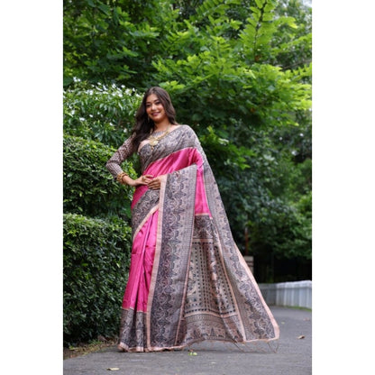 Generic Women's Faux_Tussar Ethnic_Print Saree With Unstitched Blouse 5.5Mtr (Pink)