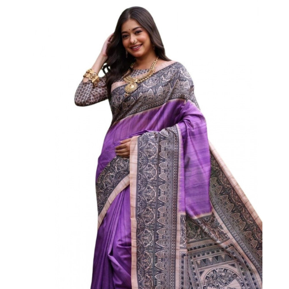 Generic Women's Faux_Tussar Ethnic_Print Saree With Unstitched Blouse 5.5Mtr (Purple)