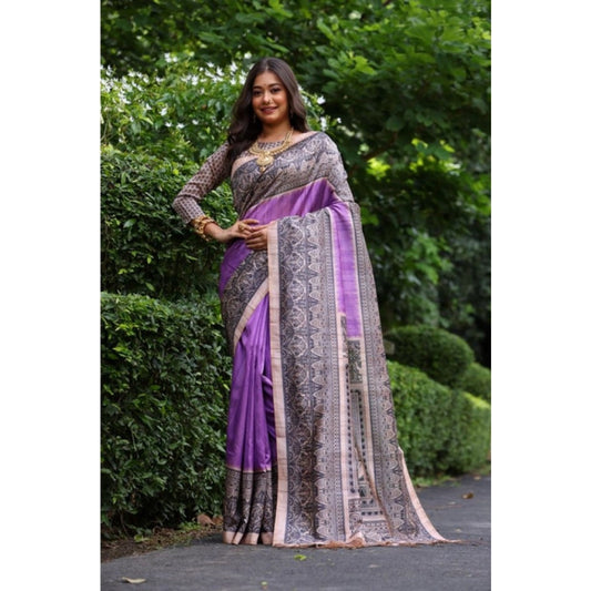 Generic Women's Faux_Tussar Ethnic_Print Saree With Unstitched Blouse 5.5Mtr (Purple)