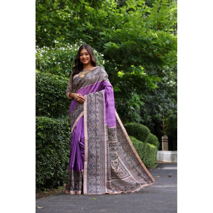 Generic Women's Faux_Tussar Ethnic_Print Saree With Unstitched Blouse 5.5Mtr (Purple)