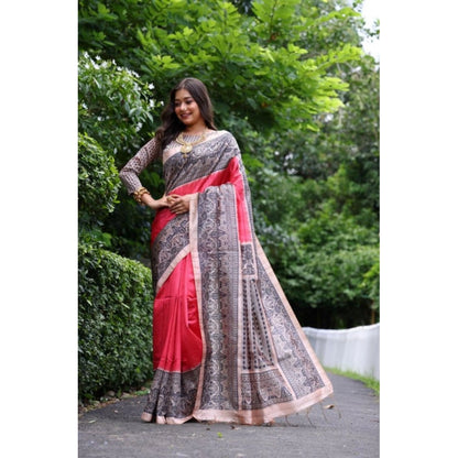 Generic Women's Faux_Tussar Ethnic_Print Saree With Unstitched Blouse 5.5Mtr (Red)