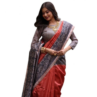 Generic Women's Faux_Tussar Ethnic_Print Saree With Unstitched Blouse 5.5Mtr (Rust)