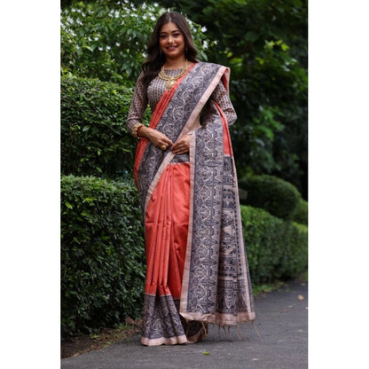 Generic Women's Faux_Tussar Ethnic_Print Saree With Unstitched Blouse 5.5Mtr (Rust)