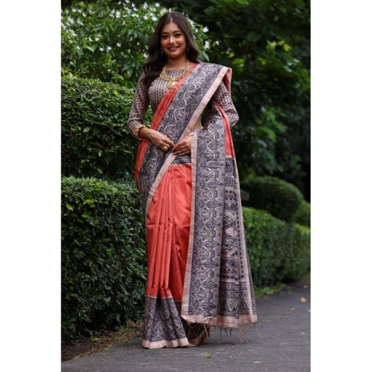 Generic Women's Faux_Tussar Ethnic_Print Saree With Unstitched Blouse 5.5Mtr (Rust)