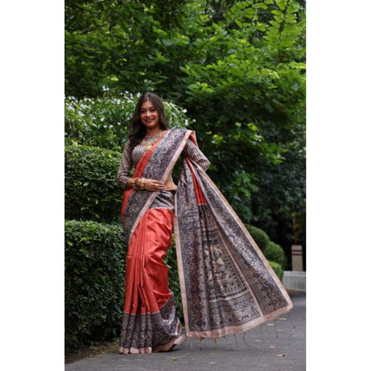 Generic Women's Faux_Tussar Ethnic_Print Saree With Unstitched Blouse 5.5Mtr (Rust)