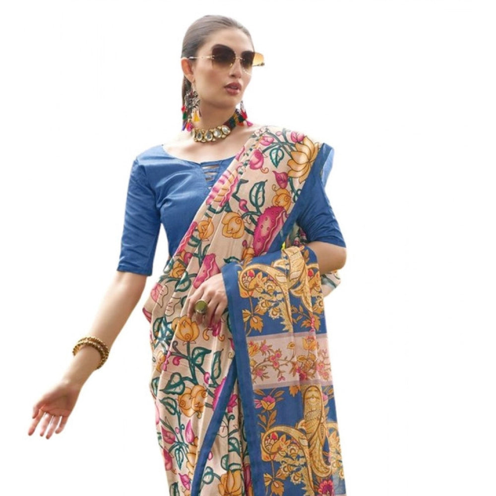 Generic Women's Faux_Tussar Kalamkari_Print Saree With Unstitched Blouse 5.5Mtr (Blue)