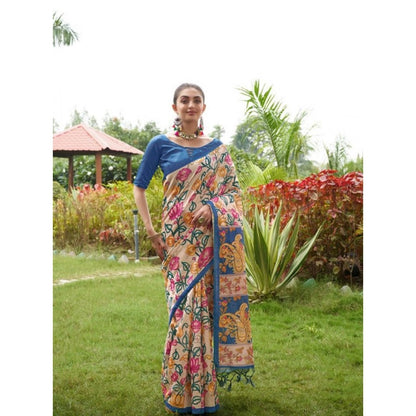 Generic Women's Faux_Tussar Kalamkari_Print Saree With Unstitched Blouse 5.5Mtr (Blue)