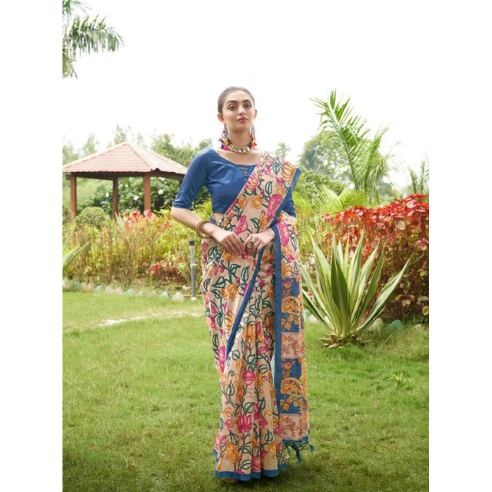 Generic Women's Faux_Tussar Kalamkari_Print Saree With Unstitched Blouse 5.5Mtr (Blue)