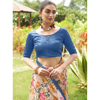 Generic Women's Faux_Tussar Kalamkari_Print Saree With Unstitched Blouse 5.5Mtr (Blue)