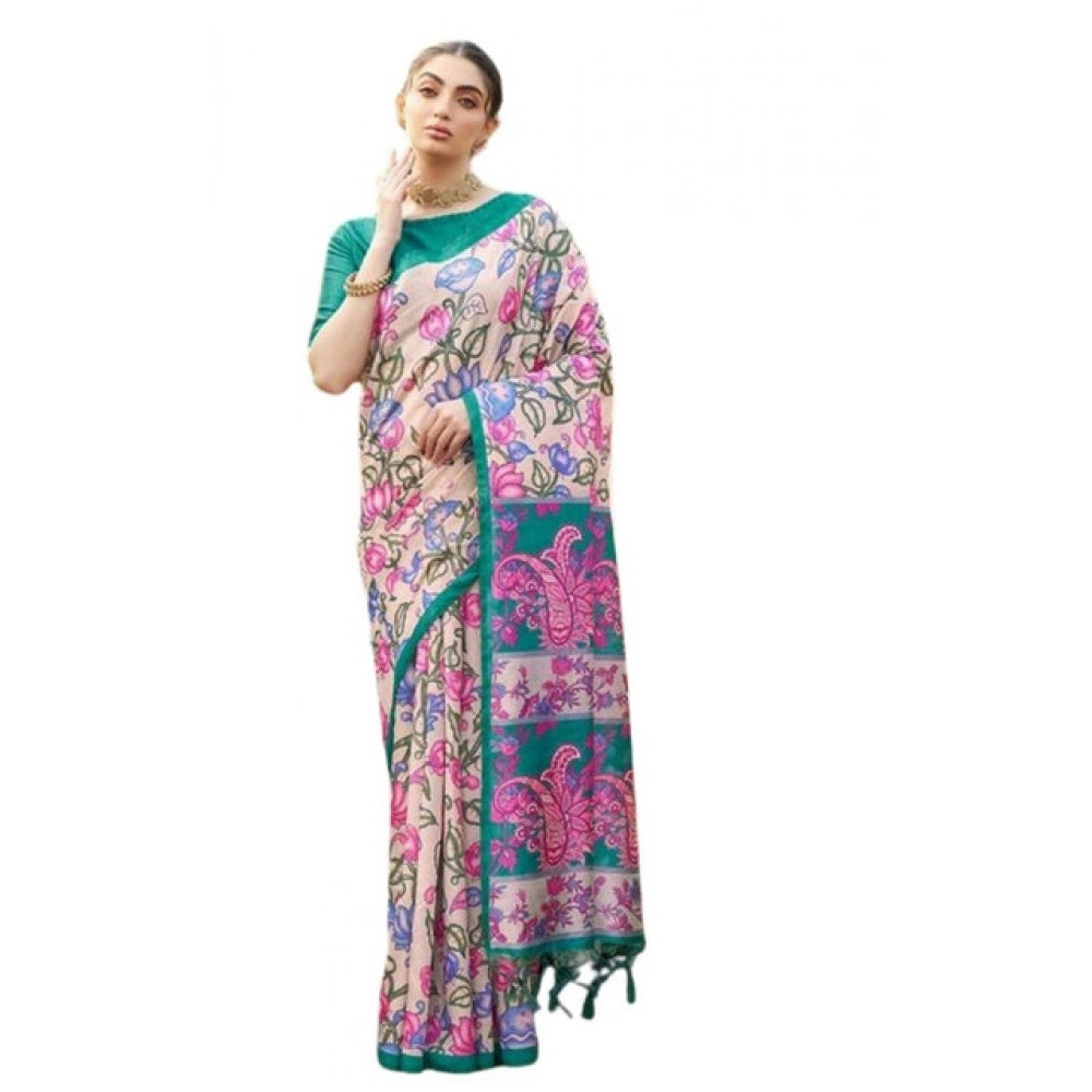 Generic Women's Faux_Tussar Kalamkari_Print Saree With Unstitched Blouse 5.5Mtr (Green)