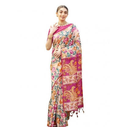 Generic Women's Faux_Tussar Kalamkari_Print Saree With Unstitched Blouse 5.5Mtr (Pink)