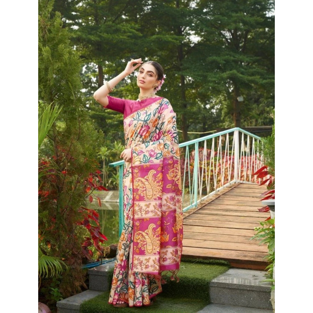 Generic Women's Faux_Tussar Kalamkari_Print Saree With Unstitched Blouse 5.5Mtr (Pink)