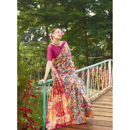 Generic Women's Faux_Tussar Kalamkari_Print Saree With Unstitched Blouse 5.5Mtr (Pink)