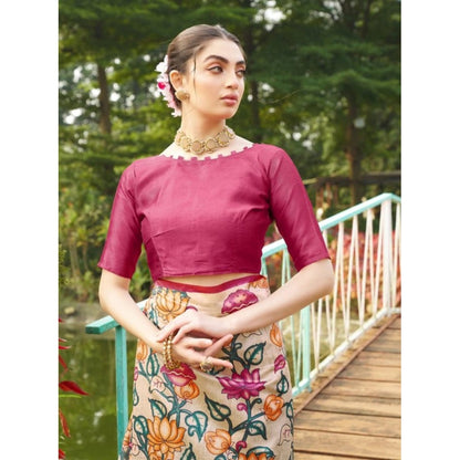 Generic Women's Faux_Tussar Kalamkari_Print Saree With Unstitched Blouse 5.5Mtr (Pink)