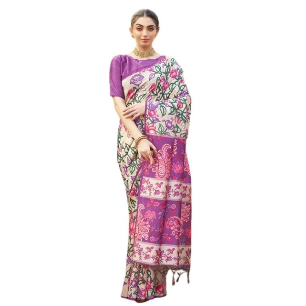 Generic Women's Faux_Tussar Kalamkari_Print Saree With Unstitched Blouse 5.5Mtr (Purple)