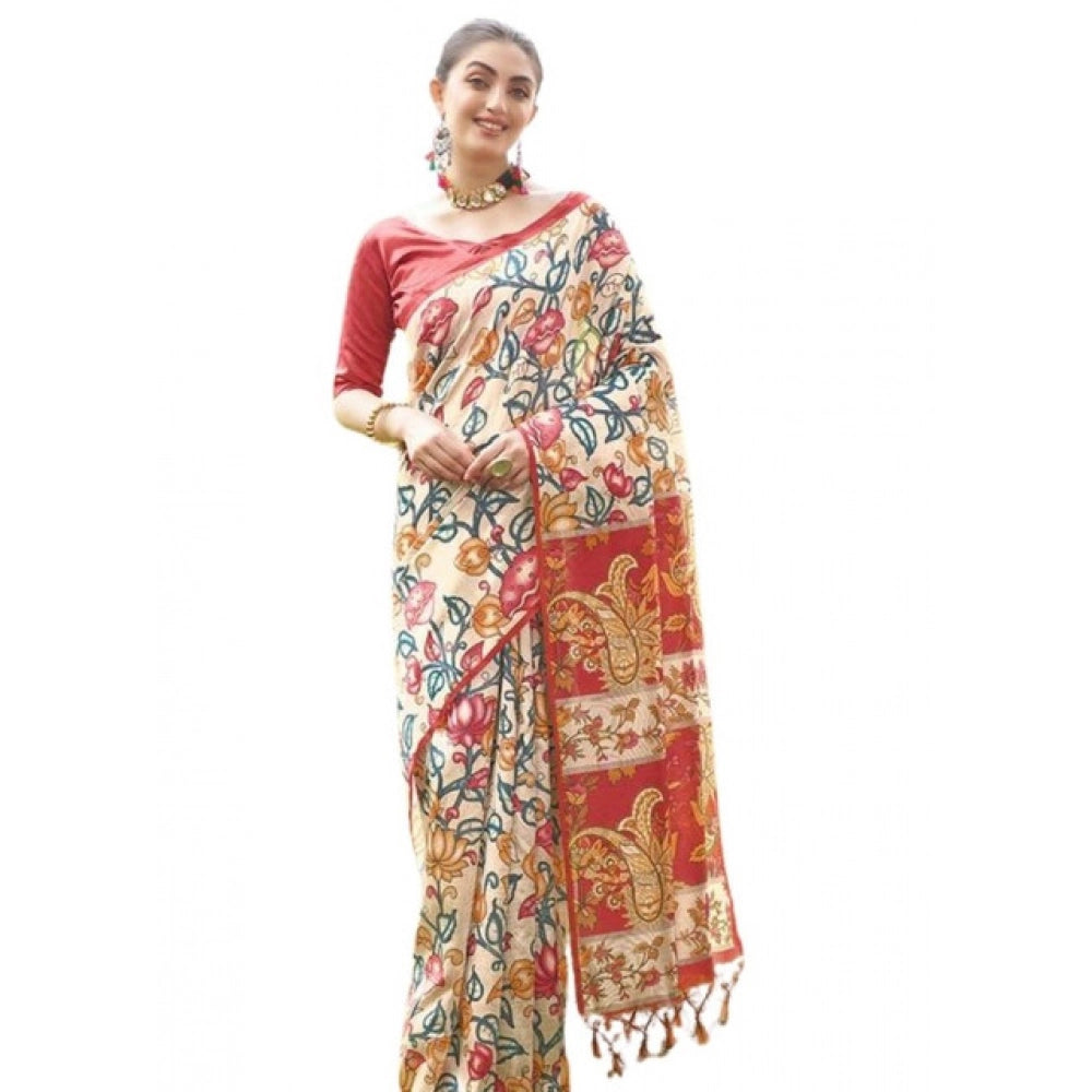Generic Women's Faux_Tussar Kalamkari_Print Saree With Unstitched Blouse 5.5Mtr (Red)