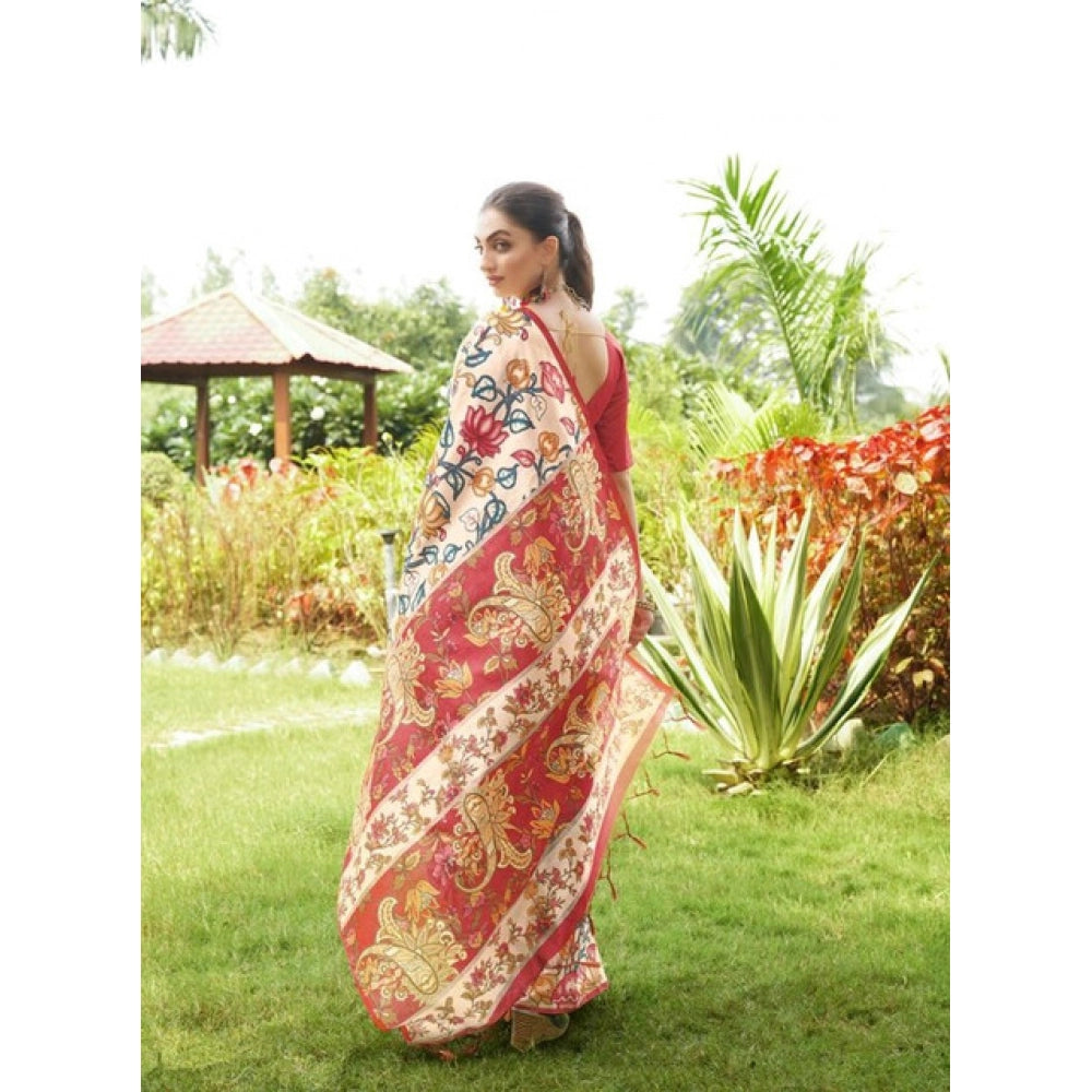 Generic Women's Faux_Tussar Kalamkari_Print Saree With Unstitched Blouse 5.5Mtr (Red)