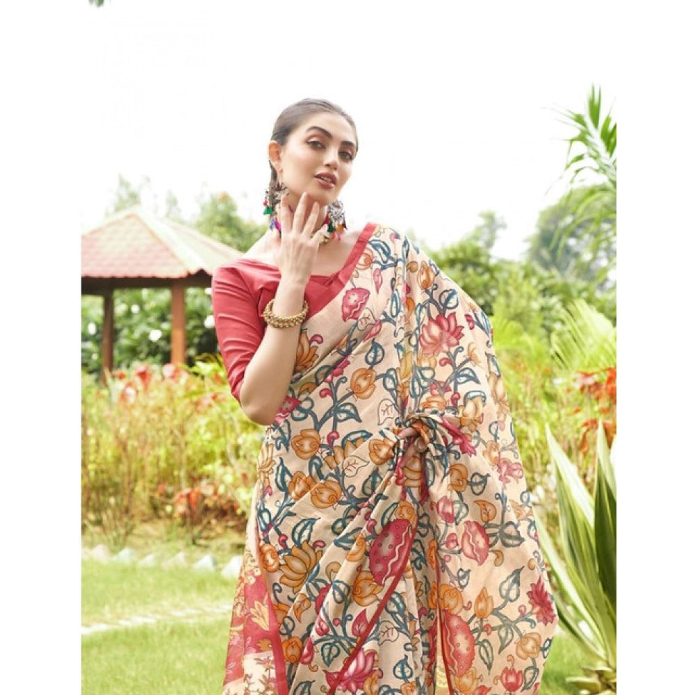 Generic Women's Faux_Tussar Kalamkari_Print Saree With Unstitched Blouse 5.5Mtr (Red)
