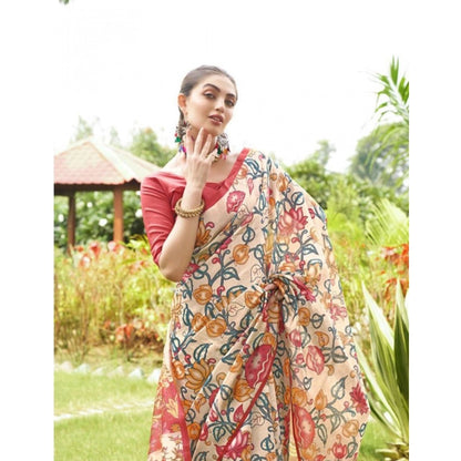 Generic Women's Faux_Tussar Kalamkari_Print Saree With Unstitched Blouse 5.5Mtr (Red)