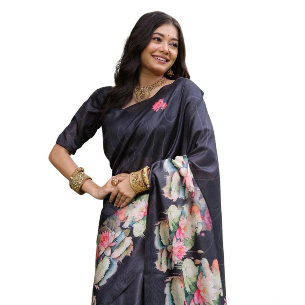 Generic Women's Faux_Tussar Floral Saree With Unstitched Blouse 5.5Mtr (Black)