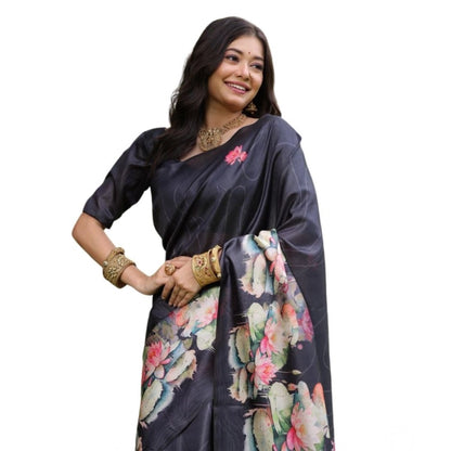 Generic Women's Faux_Tussar Floral Saree With Unstitched Blouse 5.5Mtr (Black)