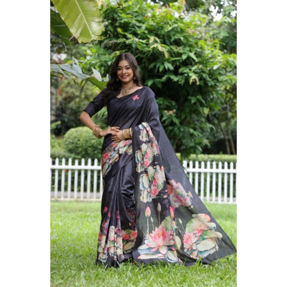 Generic Women's Faux_Tussar Floral Saree With Unstitched Blouse 5.5Mtr (Black)