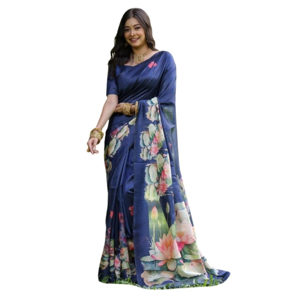 Generic Women's Faux_Tussar Floral Saree With Unstitched Blouse 5.5Mtr (Navy_Blue)