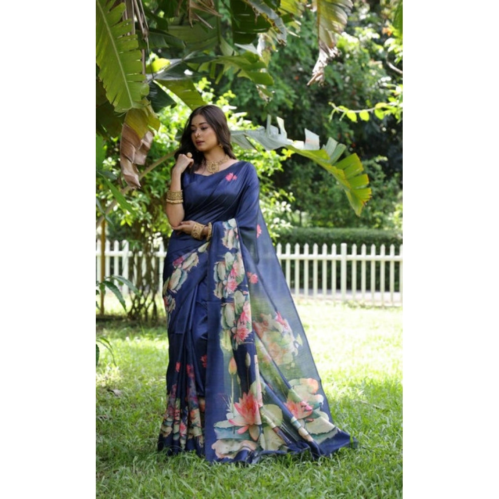 Generic Women's Faux_Tussar Floral Saree With Unstitched Blouse 5.5Mtr (Navy_Blue)