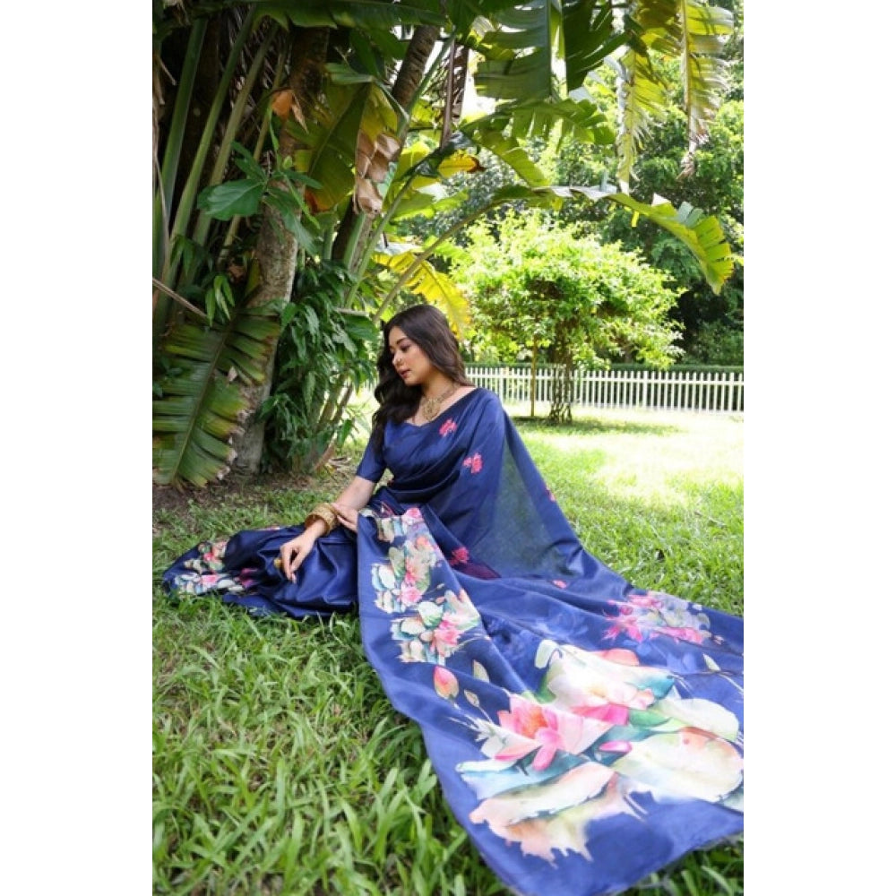 Generic Women's Faux_Tussar Floral Saree With Unstitched Blouse 5.5Mtr (Navy_Blue)