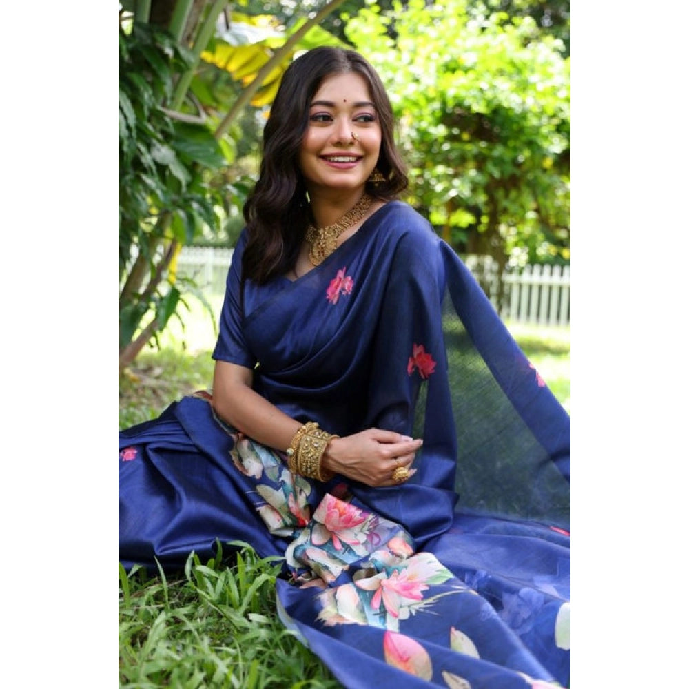 Generic Women's Faux_Tussar Floral Saree With Unstitched Blouse 5.5Mtr (Navy_Blue)