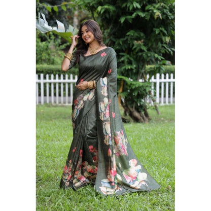 Generic Women's Faux_Tussar Floral Saree With Unstitched Blouse 5.5Mtr (Olive)