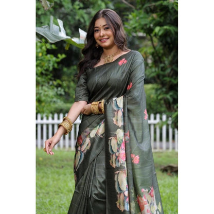 Generic Women's Faux_Tussar Floral Saree With Unstitched Blouse 5.5Mtr (Olive)