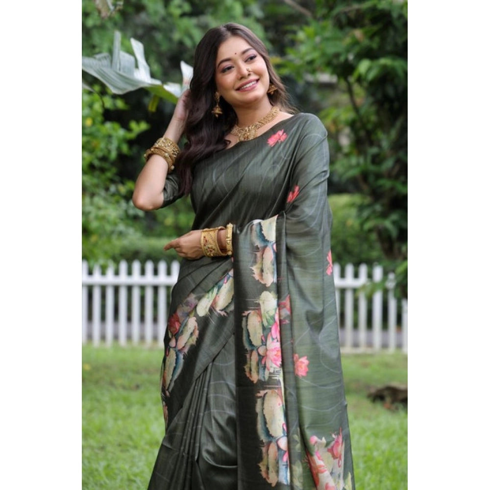 Generic Women's Faux_Tussar Floral Saree With Unstitched Blouse 5.5Mtr (Olive)