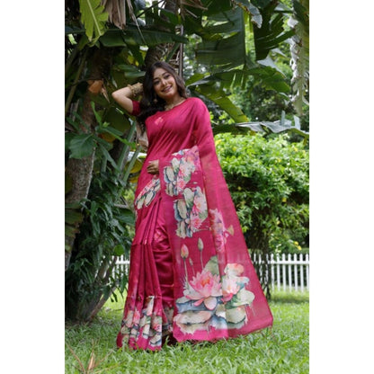 Generic Women's Faux_Tussar Floral Saree With Unstitched Blouse 5.5Mtr (Pink)