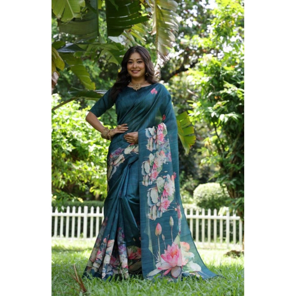 Generic Women's Faux_Tussar Floral Saree With Unstitched Blouse 5.5Mtr (Teal)