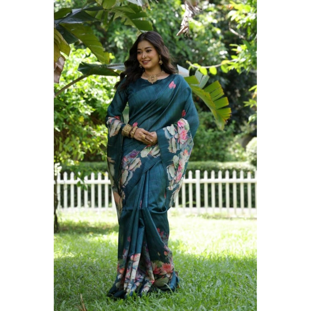 Generic Women's Faux_Tussar Floral Saree With Unstitched Blouse 5.5Mtr (Teal)