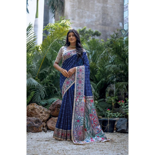 Generic Women's Faux_Tussar Geometric_Print Saree With Unstitched Blouse 5.5Mtr (Blue)