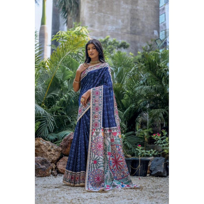 Generic Women's Faux_Tussar Geometric_Print Saree With Unstitched Blouse 5.5Mtr (Blue)
