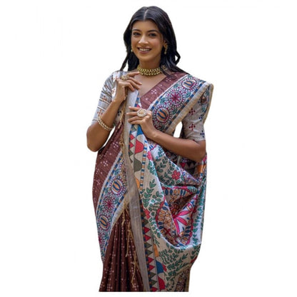 Generic Women's Faux_Tussar Geometric_Print Saree With Unstitched Blouse 5.5Mtr (Coffee)