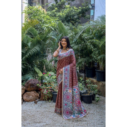 Generic Women's Faux_Tussar Geometric_Print Saree With Unstitched Blouse 5.5Mtr (Coffee)