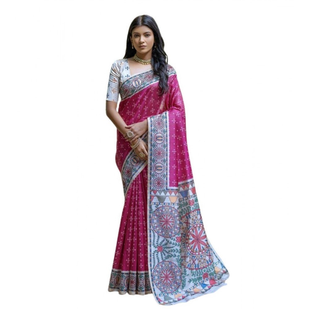 Generic Women's Faux_Tussar Geometric_Print Saree With Unstitched Blouse 5.5Mtr (Pink)