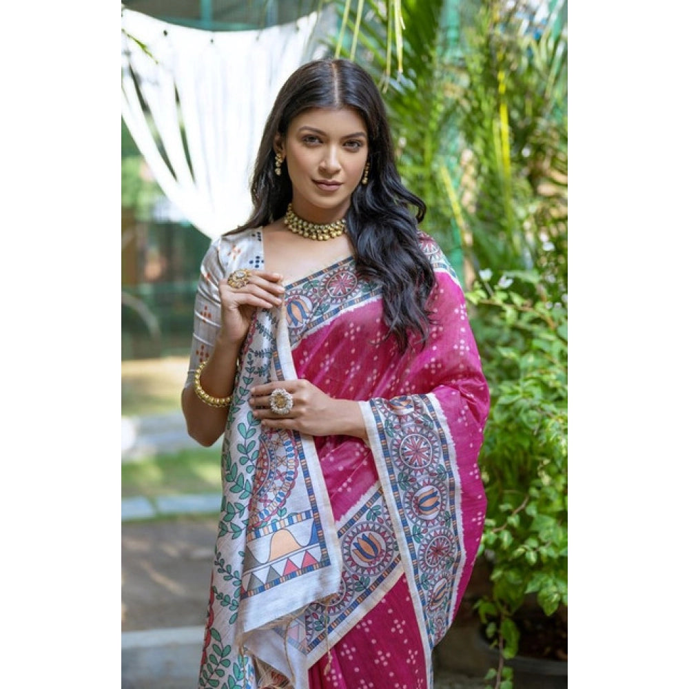 Generic Women's Faux_Tussar Geometric_Print Saree With Unstitched Blouse 5.5Mtr (Pink)