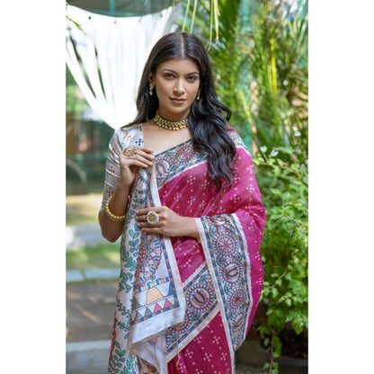 Generic Women's Faux_Tussar Geometric_Print Saree With Unstitched Blouse 5.5Mtr (Pink)